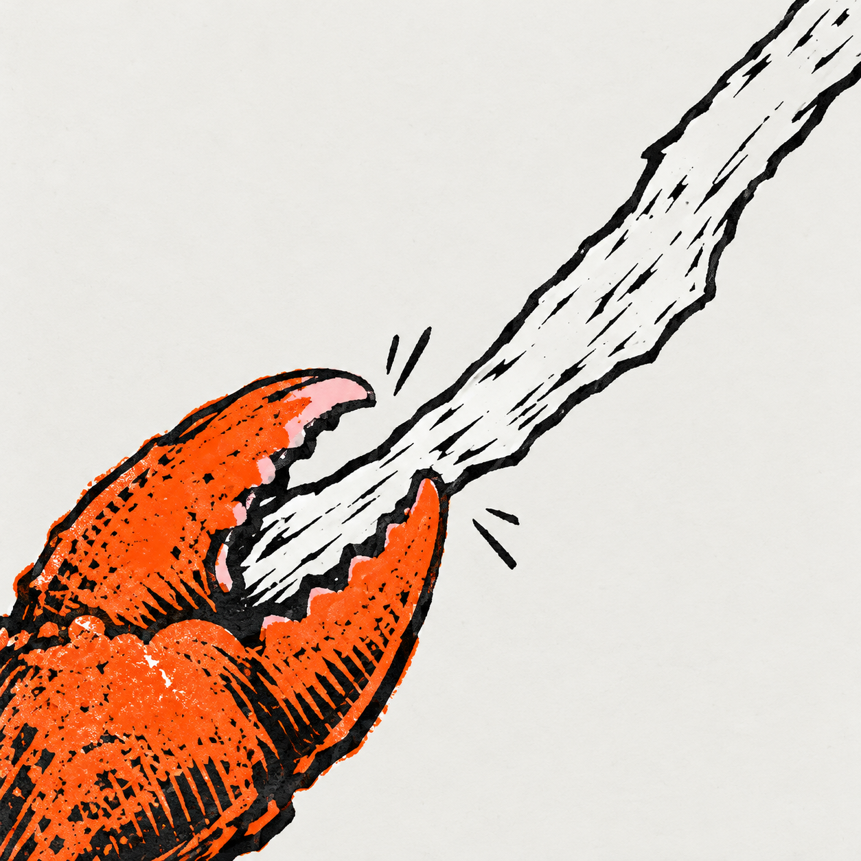 One orange claw grips a white strip and pulls it across the page.