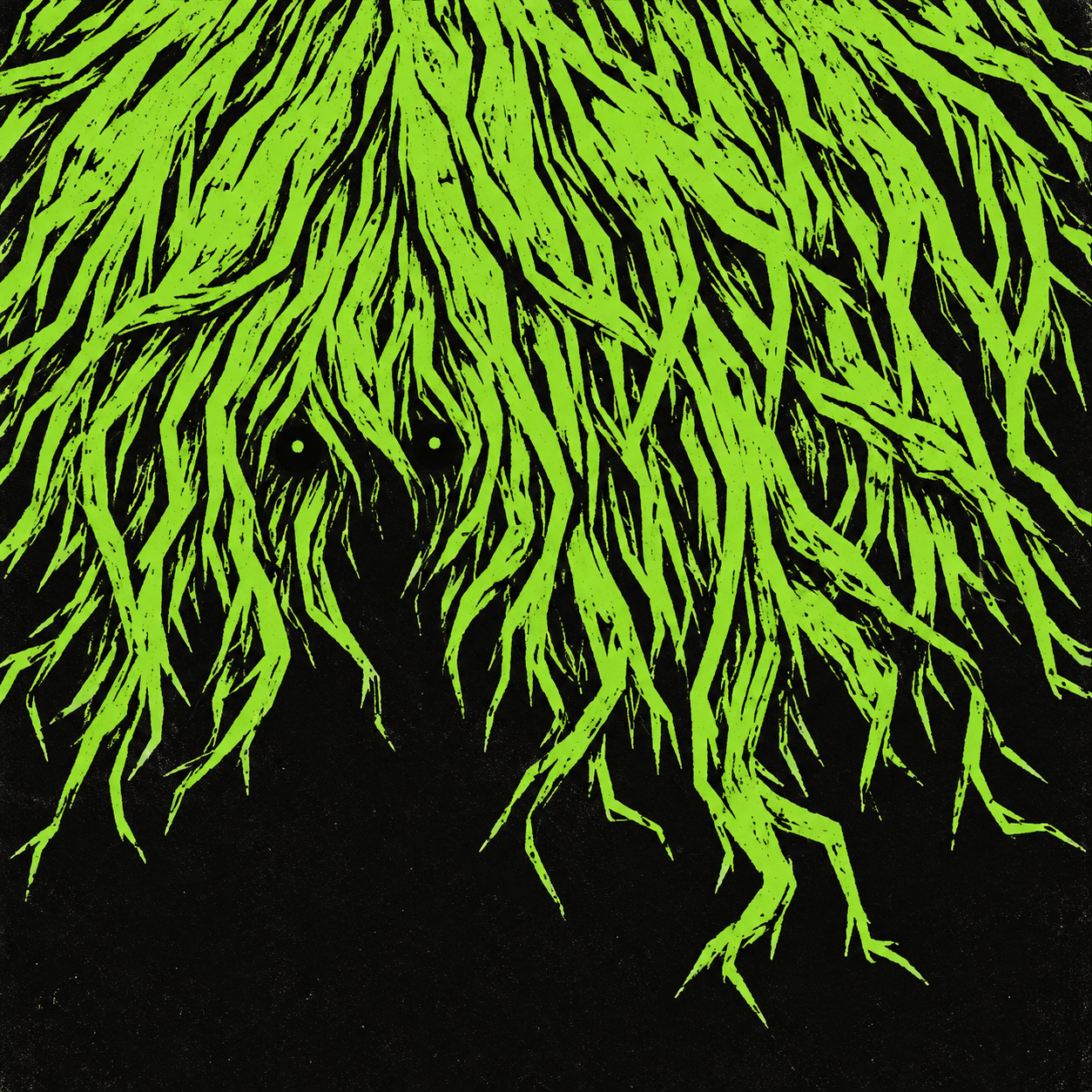 An enormous green mop of carved strands spills into black ink. Two tiny eyes peer out.