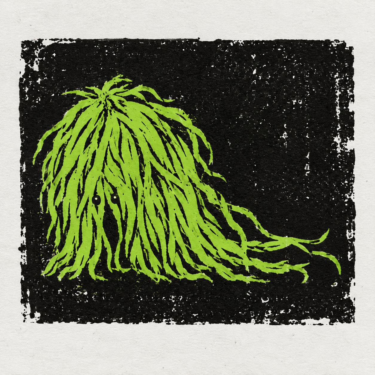 A lopsided green mop carved into a rough black back-cover patch.